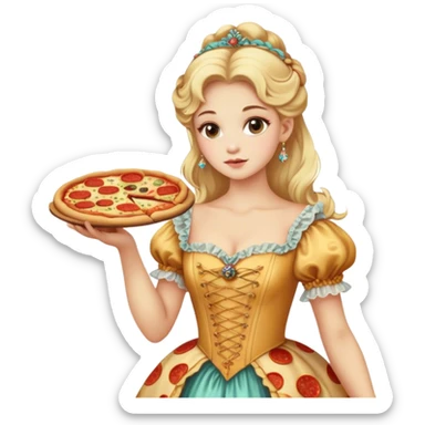 Blonde model wearing a rococo gown holding a pizza  sticker