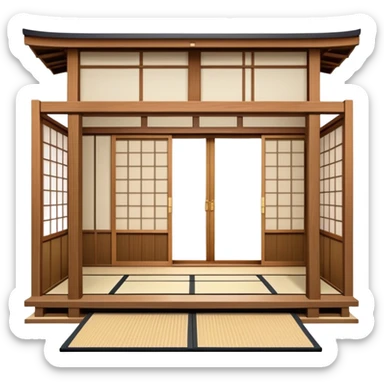 traditional Japanese house with wooden structure, sliding shoji doors, and tatami mat flooring sticker
