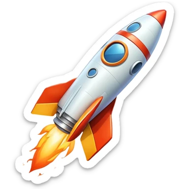 Space rocket, three-dimensional, in a cartoon style, on a white background, bright colors, with a perspective composition, high saturation, prominent details, floating effect, lively atmosphere sticker