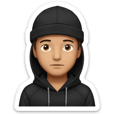 Guy wearing a black hoodie and a black cap his eyes hunter eyes brown and his skin white but tanned  sticker