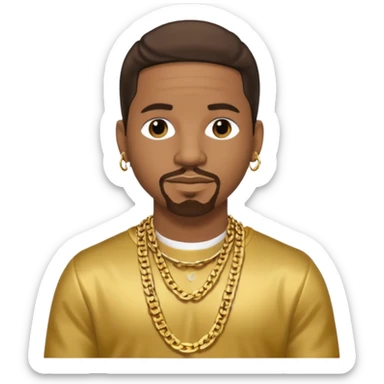 Stevie J, Record Producer with dark brown hair, gold outfit sticker