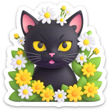 cute black cat with big yellow eyes peeking out from green grass, white flower on its head, surrounded by small white and yellow flowers, 3D iOS 18 style illustration sticker