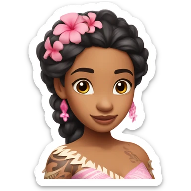 princess moana wearing a rococo pink dress with a pink Hawaiian flower in her hair sticker