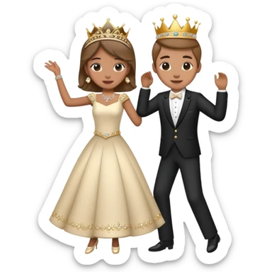 couple dancing at a royal ball, wearing formal clothes and tiara sticker