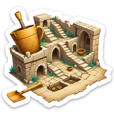 An icon showing an ancient city excavation site with uncovered ancient amphoras, an old map, and a shovel. The design captures the thrill of uncovering historical treasures and ruins. Transparent background highlights the excitement of archaeological discovery. sticker