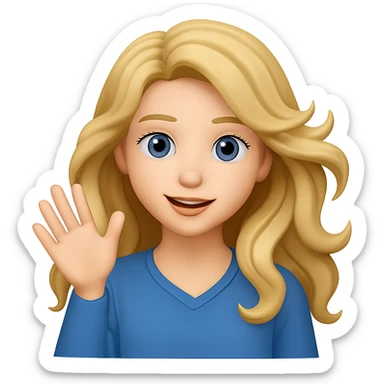 Make her eyes blue, keep her as an 18 year old girl with long, wavy, dirty blonde hair waving, emoji style, with no background sticker