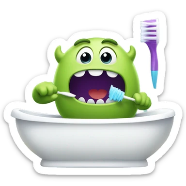 Cute little monster brushing his teeth sticker