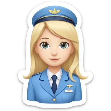 Cute emoji-style Japanese flight attendant, blonde long hair , pastel blue airline uniform, kawaii cartoon style, big eyes, simple clean lineart, pastel colors, chibi proportions, friendly smile, sticker/emoji, transparent background sticker