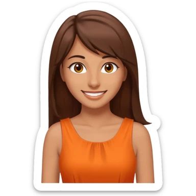 30 yr old middle eastern woman straight brown hair side bangs big smile tanned skin brown eyes orange dress long hair sticker