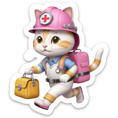 A cute white and pink funny cartoon cat dressed as engineer with a white helmet running very fast carrying her cute bag leaving a smoking footsteps sticker