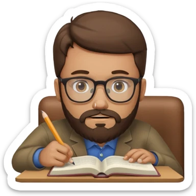 bearded man with glasses studying sticker