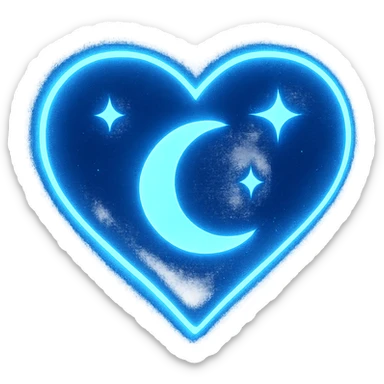 heart with a crescent moon and stars, dark blue background, glowing edges sticker