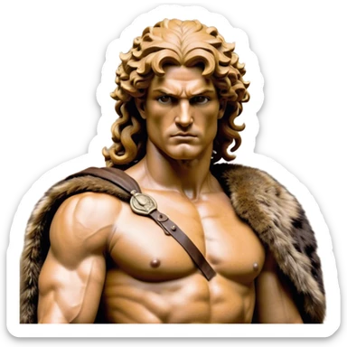 Cinematic Realistic Barbarian Hercules Portrait, depicted as a fierce Greek hero with the chiseled features of Michelangelo's David. His light tan, sculpted skin glows with timeless strength, and his thick, curly, golden brown hair cascades in wild, untamed curls reminiscent of a warrior’s mane. Instead of a flowing white robe with golden accents and a laurel wreath, he wears rugged, weathered leather and fur garments—a tattered, fur-trimmed cloak draped over broad shoulders and a simple circlet forged from iron and bone. His intense, determined eyes exude savage nobility, all rendered under dynamic natural lighting with a mythic, raw, radiant glow. sticker