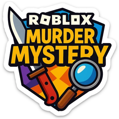Roblox Murder Mystery logo with bold text, knife and magnifying glass, vibrant toon style sticker