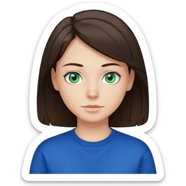 blue/green eyes , pale skin , brunette hair , white t-shirt with a dark blue sweatshirt over too sticker