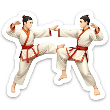 Two martial artists in traditional Wushu attire, performing elegant, fluid moves. The background shows a peaceful, scenic landscape with mountains and bamboo trees, symbolizing the balance of power and grace in Wushu.  sticker
