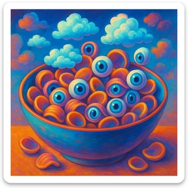orecchiette pasta in a bowl, with surreal features like pasta pieces turning into clouds or eyes, vibrant and unusual palette sticker