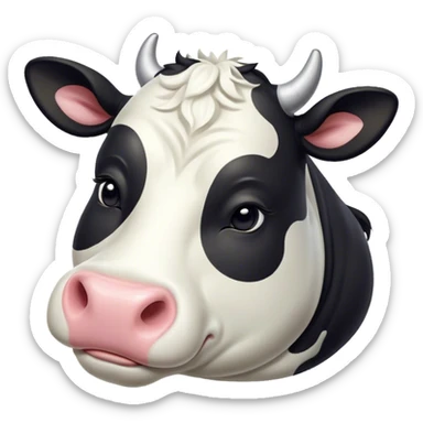 Meme-Worthy Cute Sleeping Black and White Cow Portrait Emoji, Head resting peacefully with a contented smile, showcasing a robust build and a luxuriously soft contrasting coat of black and white, eyes shut in a serene, restful nap, Simplified yet hilariously adorable features, highly detailed, glowing with a soft, drowsy light, high shine, relaxed and utterly lovable, stylized with an air of playful laziness, bright and heartwarming, soft glowing outline, capturing the essence of a comically sleepy cow, so meme-worthy it feels like it could instantly become the next viral sensation of adorable slumber! sticker