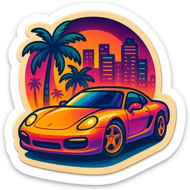 emoji inspired by Miami Vice, sports car, palm trees, neon cityscape sticker