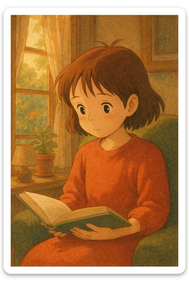 girl reading a book, ghibli-inspired style, soft and detailed sticker