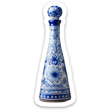 The Clase Azul Tequila bottle has a tall, hourglass-shaped ceramic body, hand-painted in white with cobalt blue floral designs. It’s topped with a distinctive gray, bell-shaped stopper that adds a final elegant touch. sticker