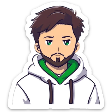 anime style man with short full beard, dark brown undercut hairstyle, white hoodie, and green eyes sticker