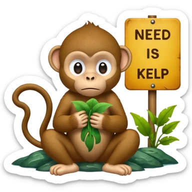 Sad Monkey sitting beside a 'neeed kelp 🥺' sign, sticker