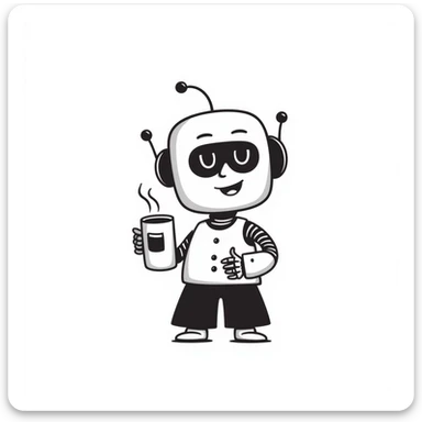 A hand-drawn robot character happily holding a coffee mug sticker