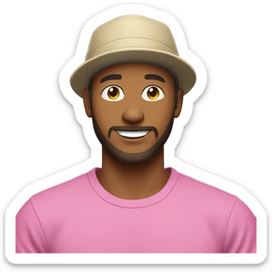 Man with dark blond hair and short beard, pink bucket hat and pink tshirt smiling sticker