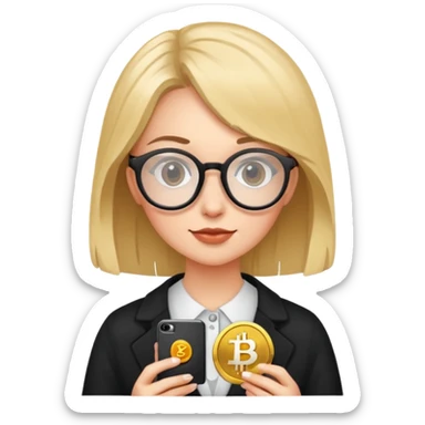A girls with glasses holding crypto  sticker
