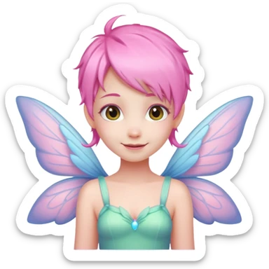 A tiny pastel fairy with pink hair with glowing wings and a sweet smile  sticker