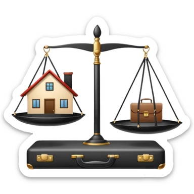 Minimalistic flat vector icon, iOS style, thin black contour on white background. Balanced scale with a house on one side and a briefcase on the other. Clean, no text, no shadows.
 sticker