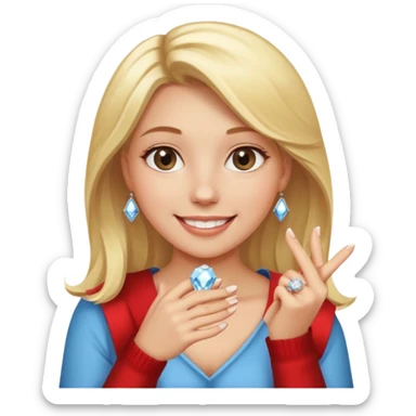 Make a girl beaming showing off a big diamond ring on her finger sticker