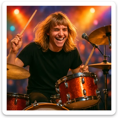 male drummer, long blonde hair on top with bangs, seated at drum kit, lively atmosphere sticker
