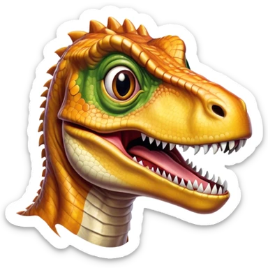 Cinematic Realistic Comical velociraptor/T-rex Portrait Emoji, Head tilted dramatically with an exaggeratedly amused expression, featuring a striking, glossy scaled body with bold natural textures and wide, expressive eyes brimming with playful disbelief, rendered with lifelike detail and dynamic natural lighting, high shine, dramatic yet playful, styled with an air of cheeky prehistoric mischief, soft glowing outline, capturing the essence of a spirited and over‐the‐top velociraptor/T-rex that looks ready to bellow its way into viral fame! sticker