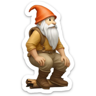 side view of gnome with light tan pants squatting above tiny brown log sticker