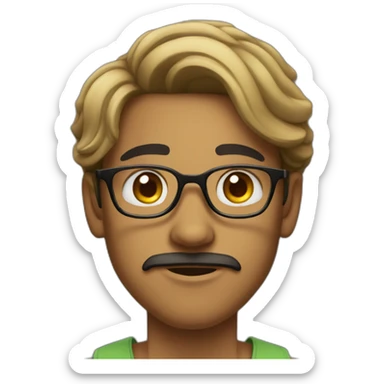 Indian teenager, with light moustache and a goatee, with long wavy black hair,jawline, wearing glasses sticker