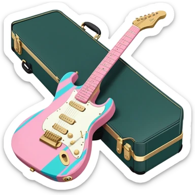 minimalist electric guitar in dark green with pink and blue stripe decal, closed inside a black rectangular hard case with gold latches, flat semi-3D style, soft matte textures, simplified details, stylized decal accent, alternate angle sticker