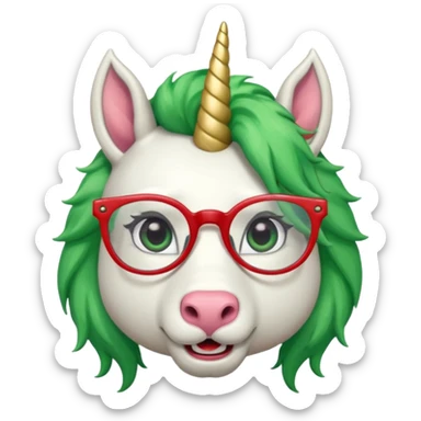 white furred unicorn with green hair and big red earrings looking into camera and spectacle and biiiggg earrings sticker