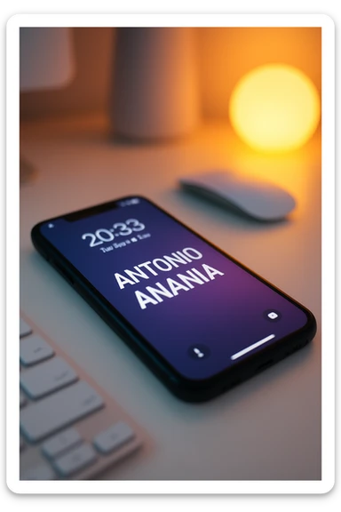 A photo of an iPhone on the desk with the message "Antonio Anania" on its screen, The phone sits atop a desk with a blurred background that suggests work environment. A faint glow from above casts gentle shadows across the surface of each object, creating depth and highlighting their textures sticker