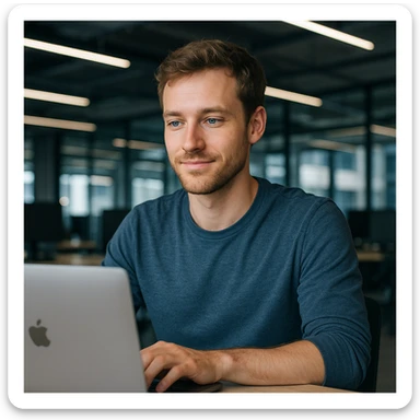 European guy with blue eyes working on a laptop, tech setting, relaxed expression sticker
