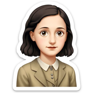 Anne Frank – Cinematic Realistic Portrait of Anne Frank, depicted with a reflective, gentle expression in period clothing, her eyes conveying hope and resilience, rendered with soft, natural lighting and delicate textures that capture the poignancy of her legacy. sticker
