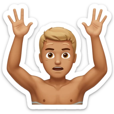 man with anger in swimming pool open arms and finger up on air sticker