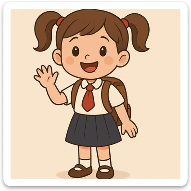 adorable schoolgirl with pigtails, wearing a uniform, waving sticker
