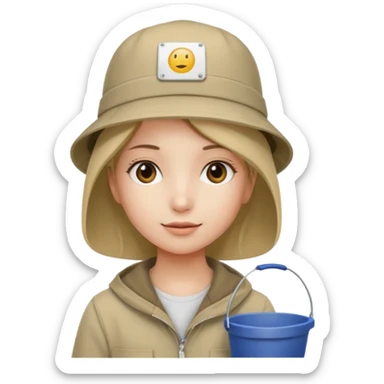 A girl with a khaki bucket hat on her head and a small detail in the form of a white rectangle with the inscription: "вйо до пригод" sticker