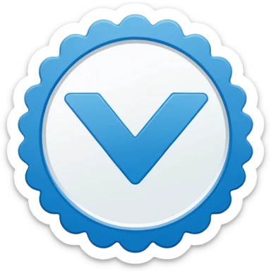 Flat blue verification badge emoji, scalloped circular shape, bold white checkmark in center, clean vector style, no text, no gradient, transparent background, emoji icon. sticker