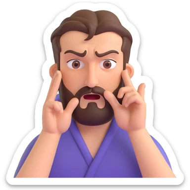 agitated bearded man massaging his temples with index fingers, expressive face, visible stress, clear gesture sticker