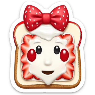 square toast topped with fluffy white cream, decorated with a strawberry bow made from two strawberry center, bright red and glossy sticker