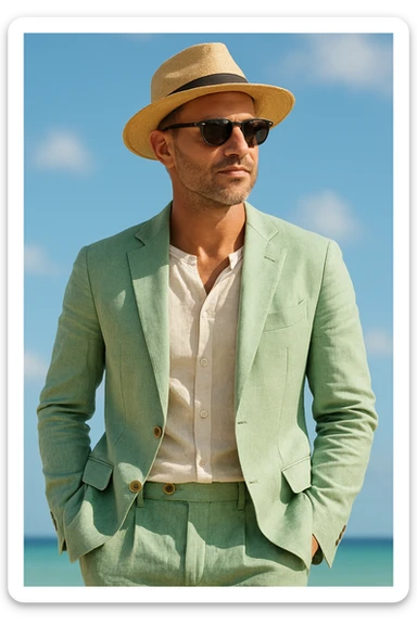 man in a light green linen suit, wearing sunglasses and a straw hat, stylish and relaxed, casual summer vibe sticker