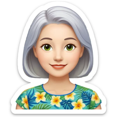 A woman with light complexion, oval face with soft rounded features, full cheeks, gentle almond-shaped eyes with subtle smile lines, longer silver-gray hair parted to the side, wearing a vibrant short-sleeved blouse with tropical print in blue, green, and yellow, exuding warmth and joy. sticker